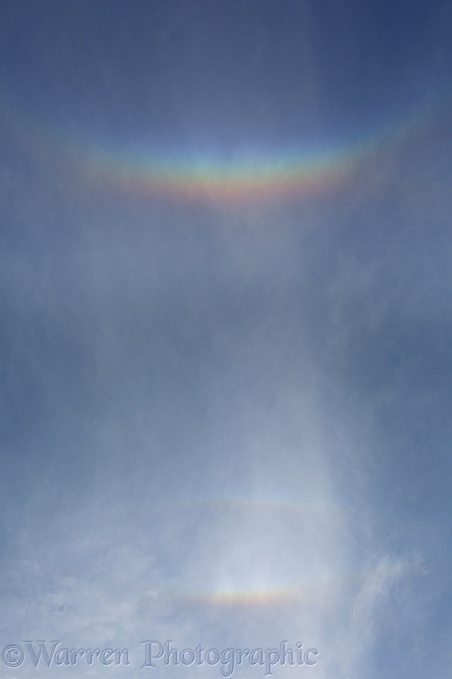 A series of 'cloudbows' caused by ice crystals in high cloud refracting light from the setting sun