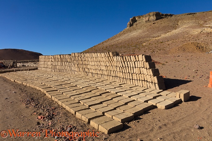 Adobe mud bricks drying and stacked ready for use.  Bolivia