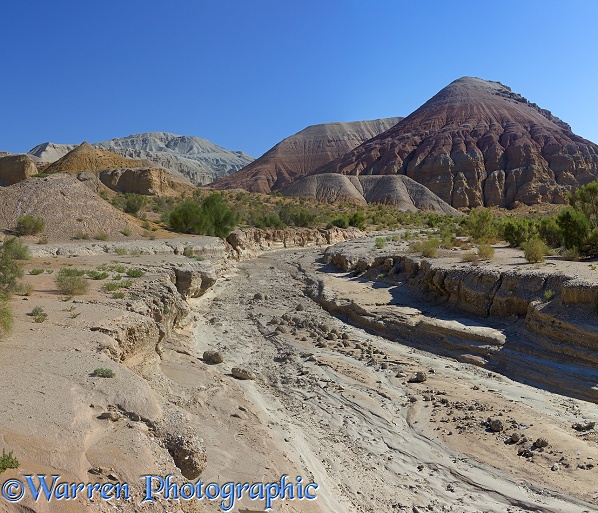 Colourful rocks and dry river bed at Aktau Mountains, Altyn Emel National Park.  Kazakhstan