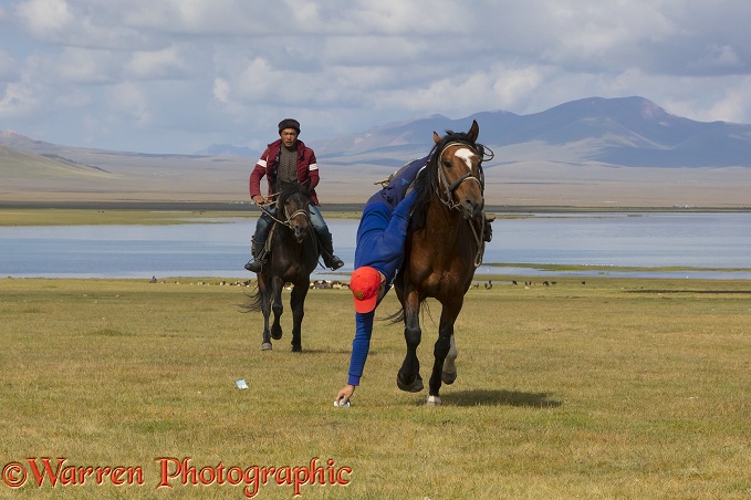Horse riders trying to pick up money from the ground, as they canter past.  Song Kul Lake, Kyrgyzstan