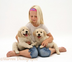 Girl with Golden Retriever pups