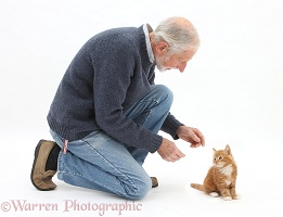 Man encouraging his new kitten to come to him